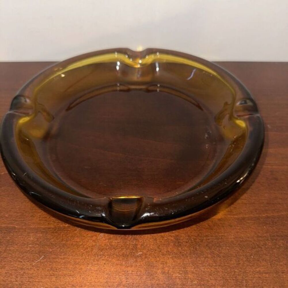 Vintage Amber Brown 8"‎ Ashtray Cigar Mid Century Round Glass Ashtray